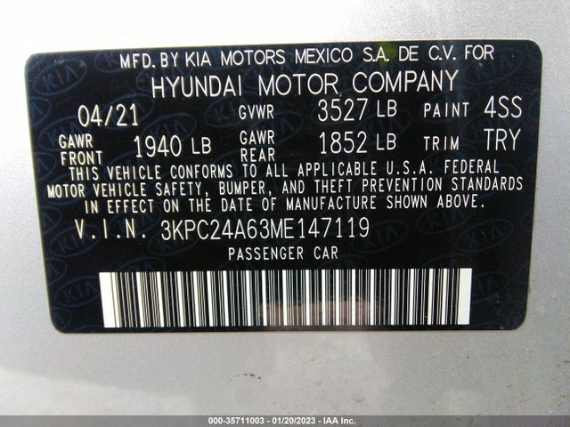 2021 Hyundai Accent, VIN: 3KPC24A63ME147119