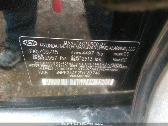 2015 HYUNDAI SONATA 2.4L SE VIN: 5NPE24AF2FH183746
