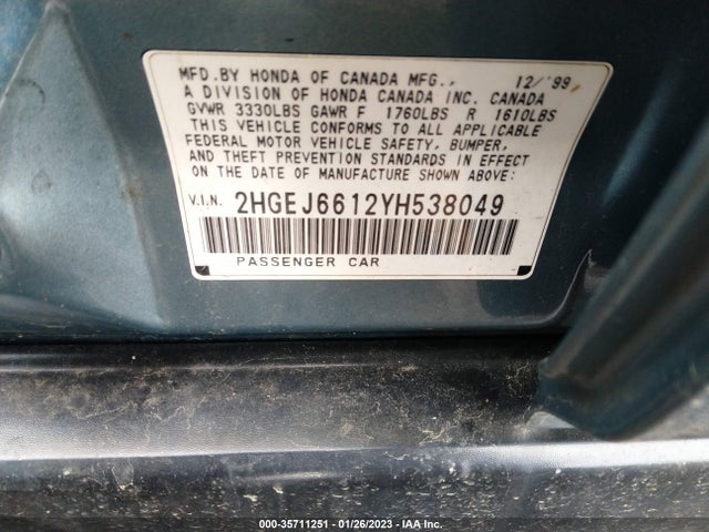 2000 HONDA CIVIC VP VIN: 2HGEJ6612YH538049
