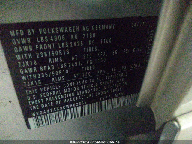 2012 VOLKSWAGEN TIGUAN SE W/SUNROOF & NAV VIN: WVGAV7AX9CW602869