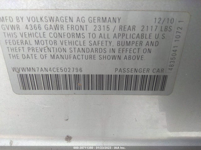 2012 VOLKSWAGEN CC SPORT VIN: WVWMN7AN4CE502796