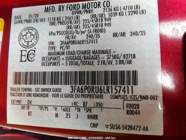 2020 Ford Fusion, VIN: 3FA6P0RU6LR157411