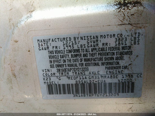 2016 NISSAN SENTRA SR/SL/S/SV/FE+ S VIN: 3N1AB7AP7GY213209