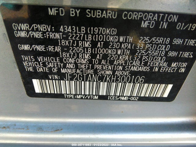 Subaru Crosstrek Limited 2019 JF2GTANC7KH300106 Image 10