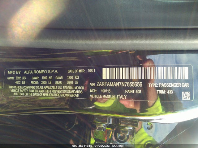 2022 Alfa Romeo Giulia, VIN: ZARFAMAN7N7655656