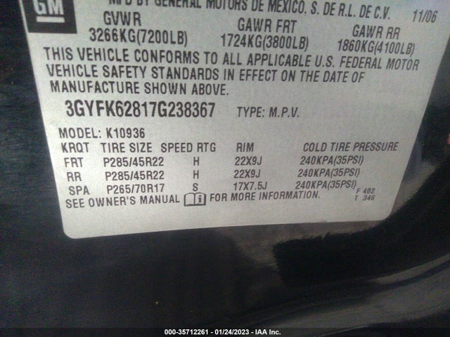 3GYFK62817G238367 Cadillac ESCALADE EXT