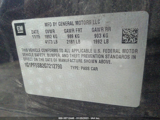 2016 Chevrolet Cruze, VIN: 1G1PF5SB2G7212790