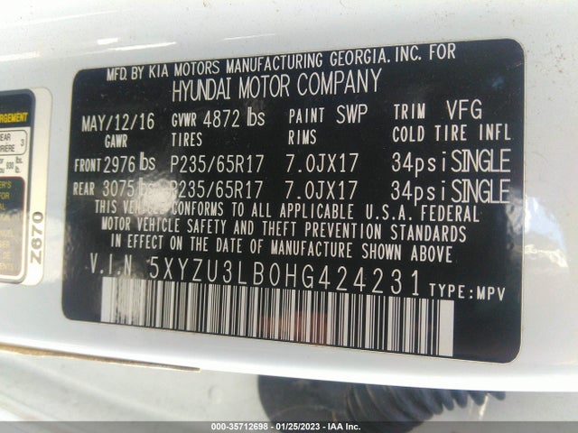 2017 Hyundai Santa Fe, VIN: 5XYZU3LB0HG424231