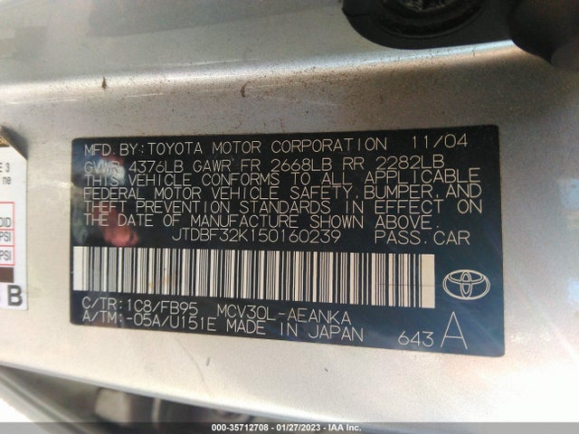 2005 TOYOTA CAMRY LE/XLE VIN: JTDBF32K150160239