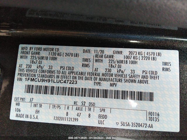 2020 Ford Escape, VIN: 1FMCU9H91LUC47223