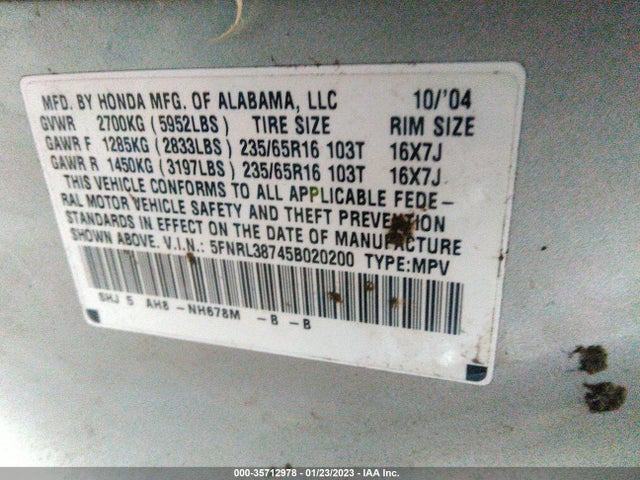 2005 HONDA ODYSSEY EX-L VIN: 5FNRL38745B020200