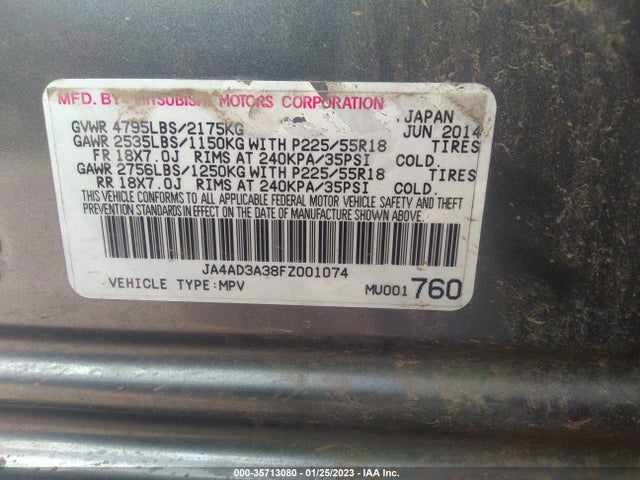 2015 MITSUBISHI OUTLANDER SE VIN: JA4AD3A38FZ001074