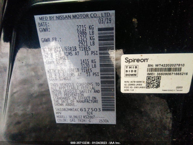 2019 Nissan Pathfinder, VIN: 5N1DR2MM1KC617503