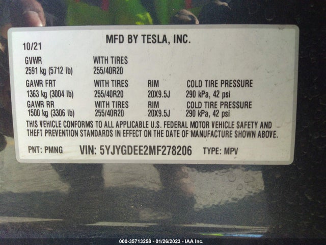 2021 Tesla Model Y, VIN: 5YJYGDEE2MF278206