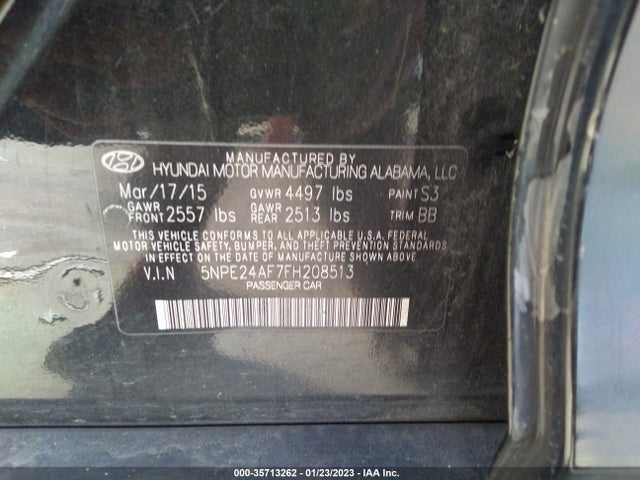 2015 HYUNDAI SONATA 2.4L SE VIN: 5NPE24AF7FH208513