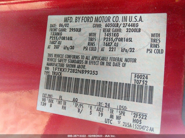2002 FORD F-150 XL/XLT VIN: 1FTRX17282NB99353