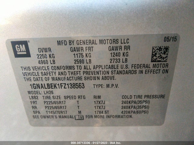 Chevrolet EQUINOX LT 2015 1GNALBEK1FZ138563 Image 11