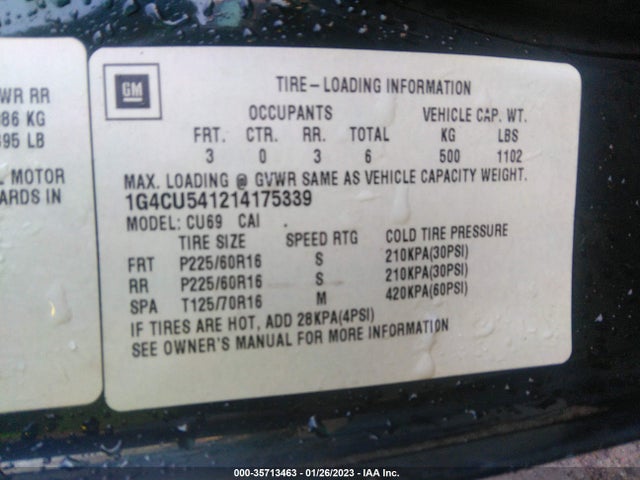 2001 BUICK PARK AVENUE ULTRA VIN: 1G4CU541214175339