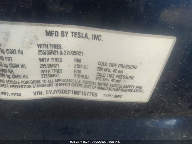 2021 TESLA MODEL Y PERFORMANCE VIN: 5YJYGDEF1MF157756