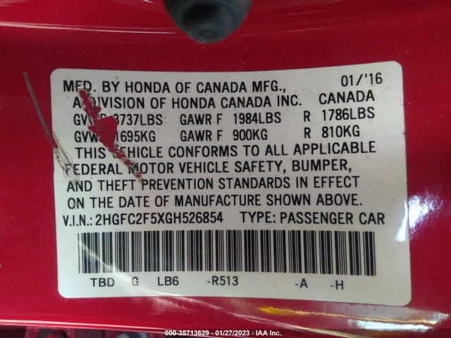2016 HONDA CIVIC SEDAN LX VIN: 2HGFC2F5XGH526854