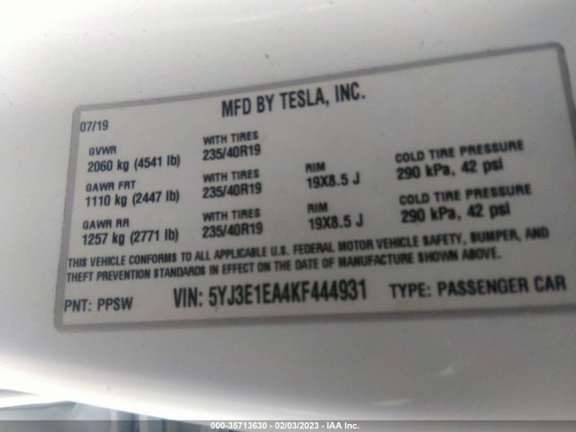 Tesla Model 3 Range 2019 5YJ3E1EA4KF444931 Image 10