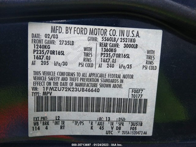 2003 FORD EXPLORER XLS VIN: 1FMZU72K23UB46640