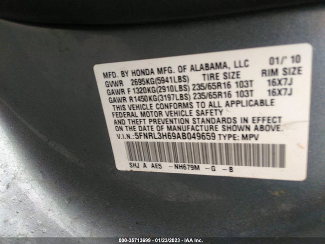 2010 HONDA ODYSSEY EX-L VIN: 5FNRL3H69AB049659
