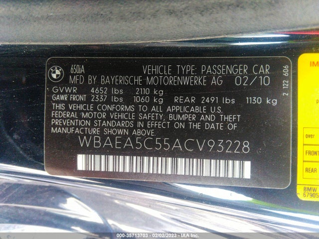 BMW 6 Series 650i 2010 WBAEA5C55ACV93228 Image 9