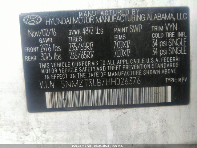 2017 Hyundai Santa Fe, VIN: 5NMZT3LB7HH026376