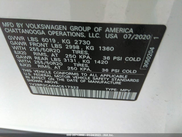 2021 Volkswagen Atlas, VIN: 1V2BR2CA6MC517322