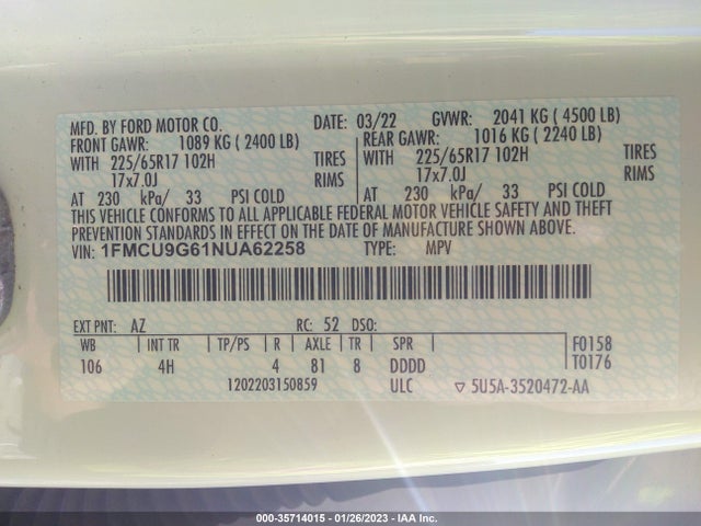2022 Ford Escape, VIN: 1FMCU9G61NUA62258