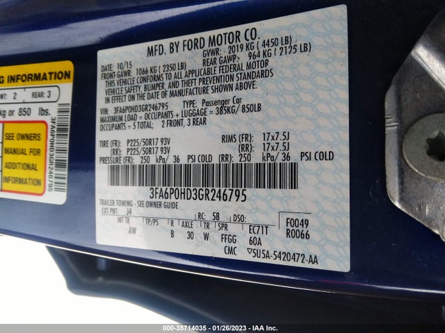 2016 Ford Fusion, VIN: 3FA6P0HD3GR246795