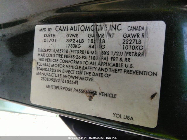 2001 SUZUKI VITARA JX/JLX VIN: 2S3TD52V216105561
