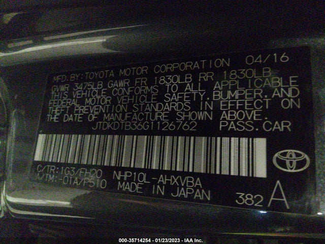 Toyota Prius C One/two/three/four 2016 JTDKDTB36G1126762 Image 10