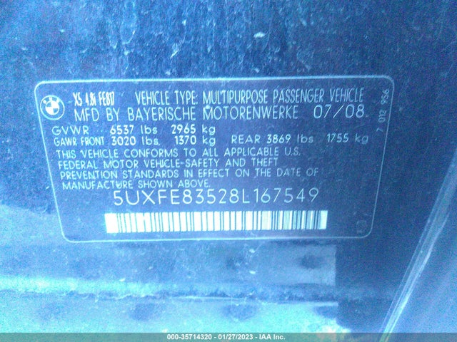 2008 BMW X5 4.8I VIN: 5UXFE83528L167549