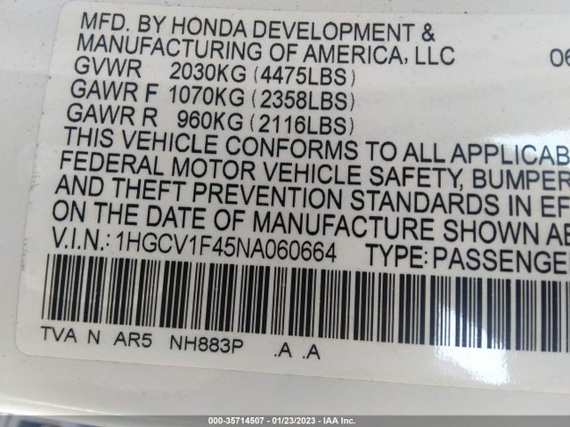 2022 HONDA ACCORD SEDAN SPORT SE VIN: 1HGCV1F45NA060664