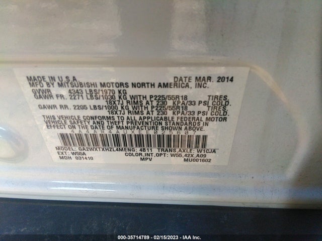 4A4AR4AUXEE025607 Mitsubishi Outlander Sport Se