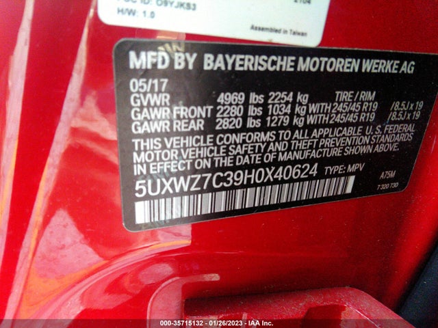 2017 BMW X3, VIN: 5UXWZ7C39H0X40624