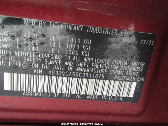 Subaru Legacy 2.5i 2012 4S3BMCA60C3011875 Image 10
