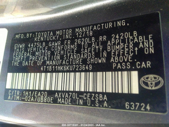 Toyota Camry 2019 4T1B11HK6KU723649 Image 11