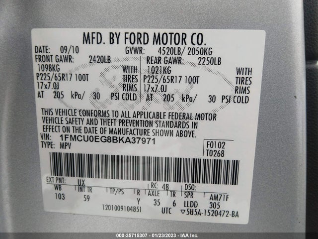 2011 FORD ESCAPE LIMITED VIN: 1FMCU0EG8BKA37971
