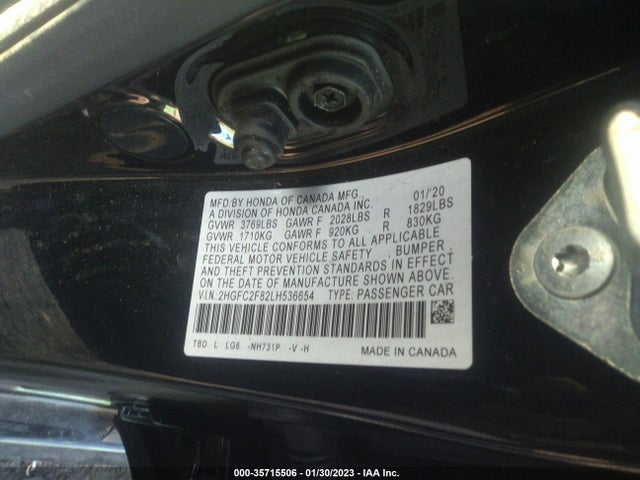 2020 HONDA CIVIC SEDAN SPORT VIN: 2HGFC2F82LH536654