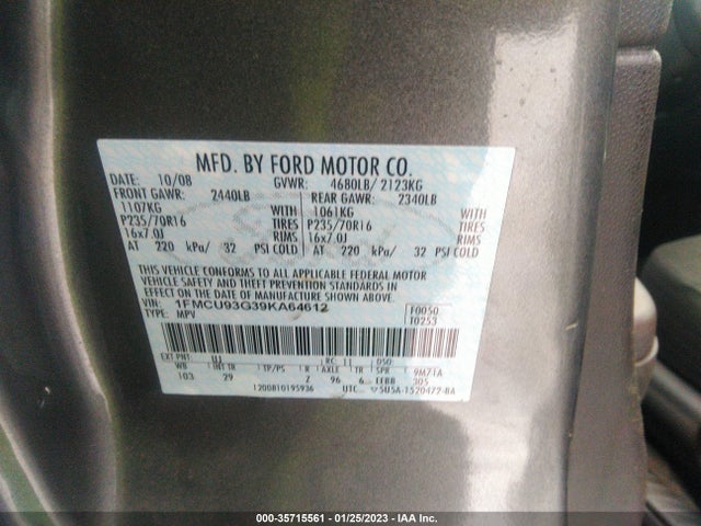 2009 FORD ESCAPE XLT VIN: 1FMCU93G39KA64612
