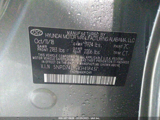 2019 Hyundai Elantra, VIN: 5NPD74LF9KH418437