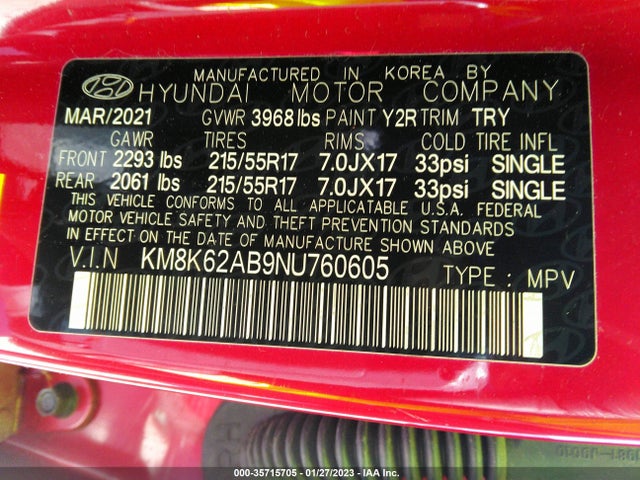 2022 HYUNDAI KONA SEL VIN: KM8K62AB9NU760605