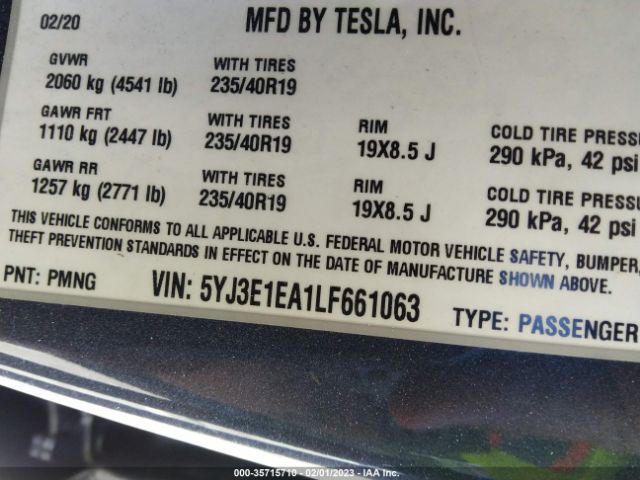 5YJ3E1EA1LF661063 Tesla MODEL 3
