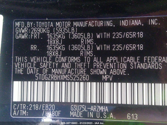 Продаж на аукціоні авто 2021 Toyota Highlander Xle, vin: 5TDGZRBHXMS525260, номер лоту: 35715803