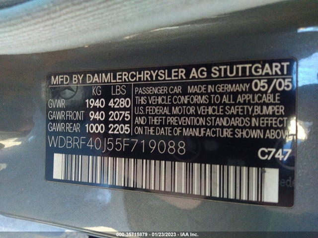 2005 MERCEDES-BENZ C-CLASS 1.8L VIN: WDBRF40J55F719088