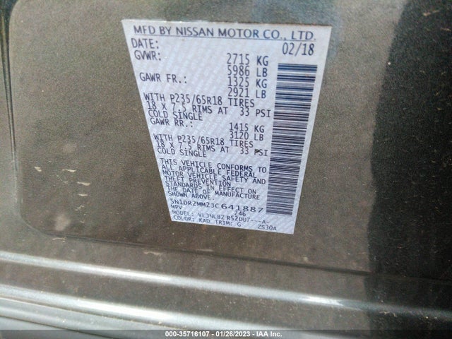 2018 Nissan Pathfinder, VIN: 5N1DR2MM2JC641887