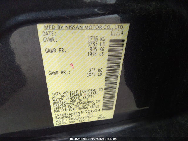 2014 NISSAN SENTRA S/FE+ S/SV/FE+ SV/SR/SL VIN: 1N4AB7AP2EN850604